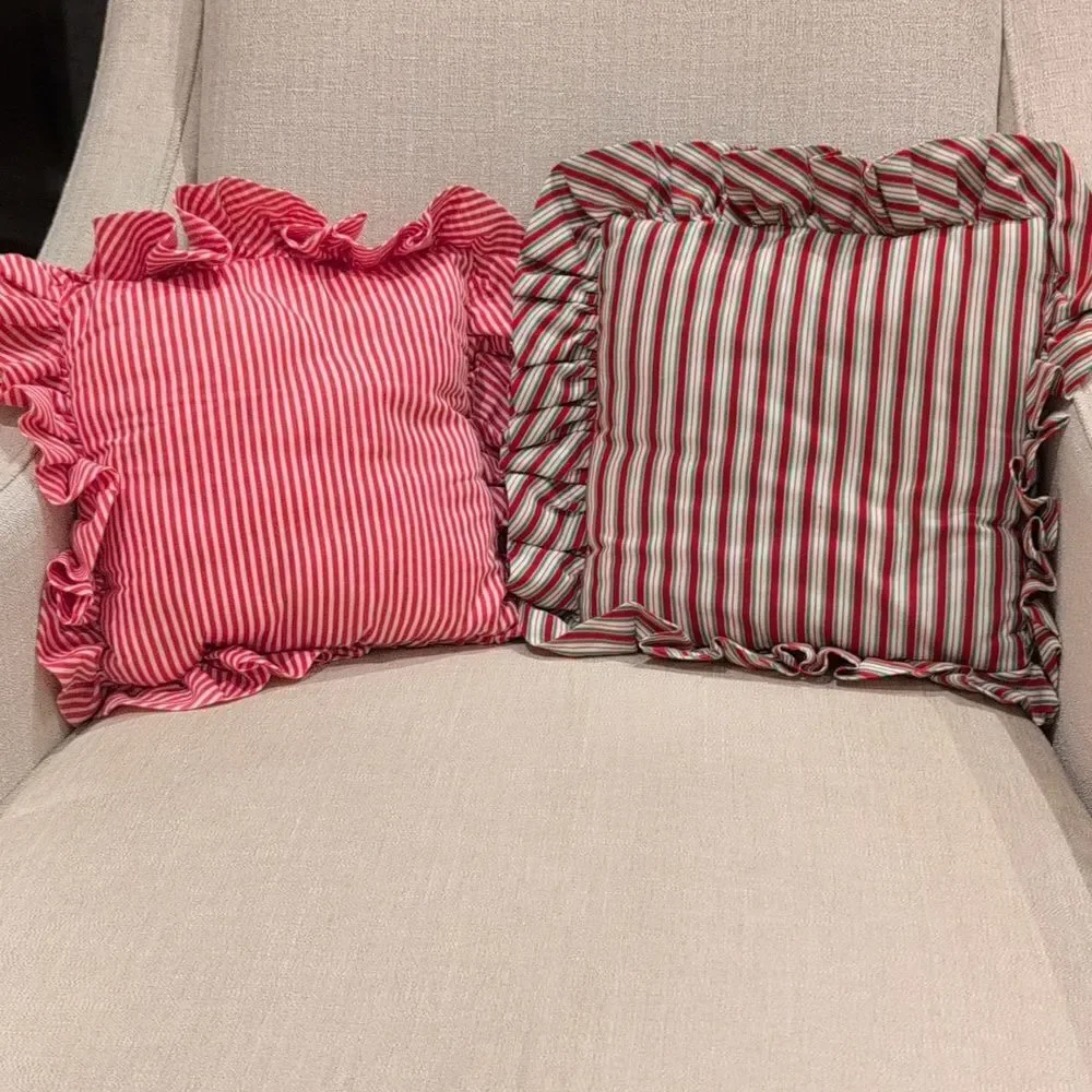 Handcrafted Festive Red and Green Ruffled Cross-stitch Holiday Pillows Set of 2